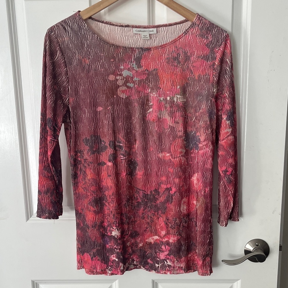 Coldwater Creek Pink Floral Crinkle Lightweight 3/4 Sleeve Top sz small